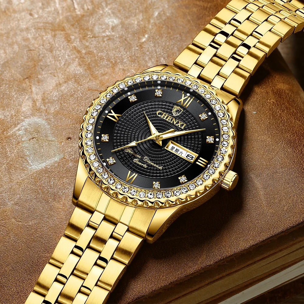 CHENXI, reloj de lujo de acero inoxidable dorado con diamantes de imitación, reloj de cuarzo de negocios para hombre, relojes de pulsera impermeables, reloj Masculino