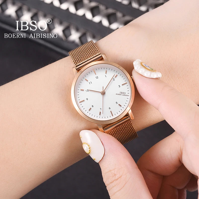 Reloj de mujer marca IBSO, reloj de cuarzo de Color oro rosa a la moda, reloj de pulsera con correa de malla para mujer, reloj femenino con movimiento japonés