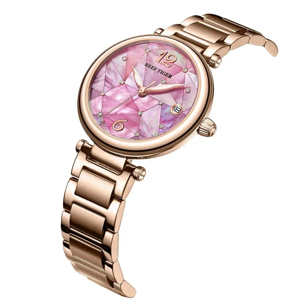 Reef Tiger/RT nuevo diseño de lujo de acero inoxidable esfera rosa relojes automáticos mujeres reloj de tira de acero oro rosa RGA1584