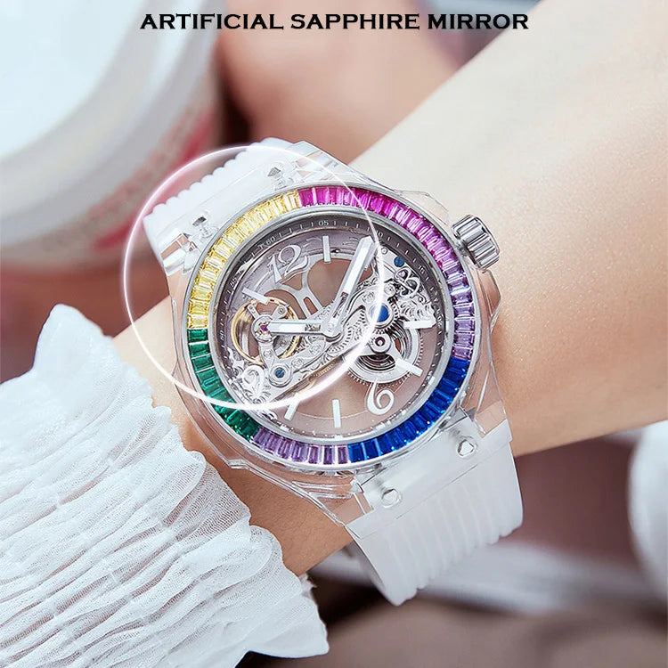 HANBORO, reloj automático para mujer, relojes de lujo para mujer, cristal austriaco, reloj de pulsera mecánico luminoso resistente al agua, correa de silicona