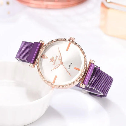 Women‘s Watch Set 5pcs Simple Rhinestone Ladies Watches Luxury Woman Wristwatch Magnetic Mesh Purple New zegarek damski relogios