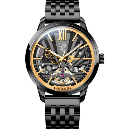 Reloj Automático LOBINNI para hombre, reloj de pulsera mecánico de lujo para hombre, reloj de pulsera a la moda resistente al agua negro con esfera con mecanismo al descubierto y espejo de zafiro de doble cara