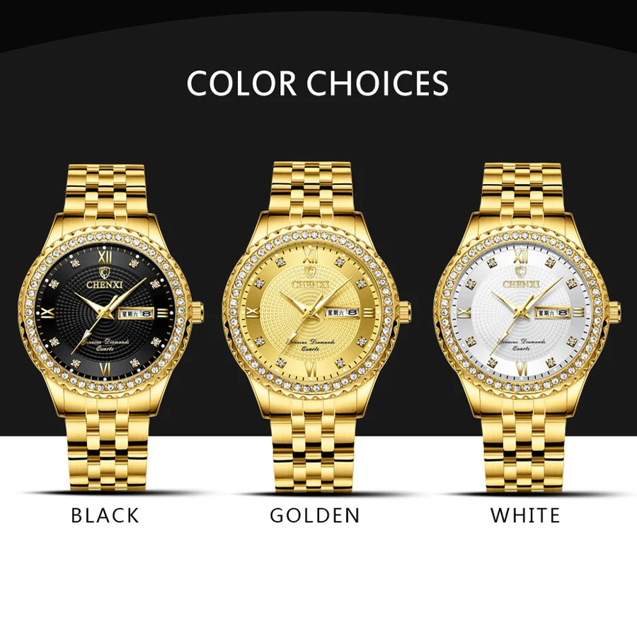 CHENXI, reloj de lujo de acero inoxidable dorado con diamantes de imitación, reloj de cuarzo de negocios para hombre, relojes de pulsera impermeables, reloj Masculino