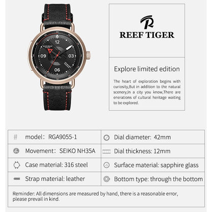 Reef Tiger Mens Automatic Watches Sport Mechanical Wristwatch Military 100m Waterproof Leather Strap Sapphire Mirror RGA9055