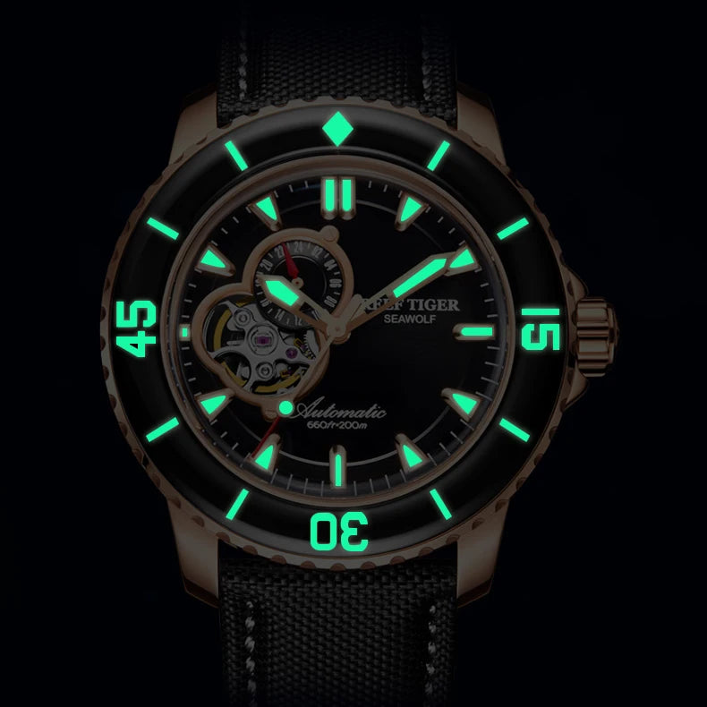 Reef Tiger-relojes de buceo para hombre, pulsera deportiva automática, resistente al agua, esqueleto con luz, correa de nailon, bisel de zafiro, RGA3039, 200m