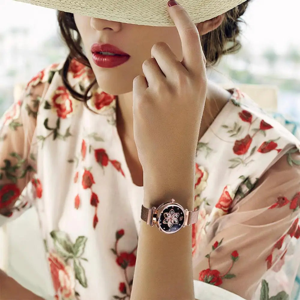 Forsining Ladies Watch Top Brand Luxury Female Watch Rose Gold Mesh Creative Diamond Flower Dial Mechanical Fashion Women Clock