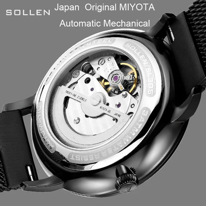 スイスの高級ブランド SOLLEN 日本製 MIYOTA 自動巻き機械式メンズ腕時計 サファイア 防水 夜光 スチール腕時計 SL312