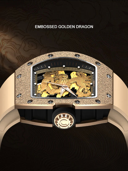 CRONUSART Men Automatic Watch Luxury Tonneau Mechanical Wristwatch Carbon Steel Case Luminou Fluororubber Strap Gold Dragon Dial