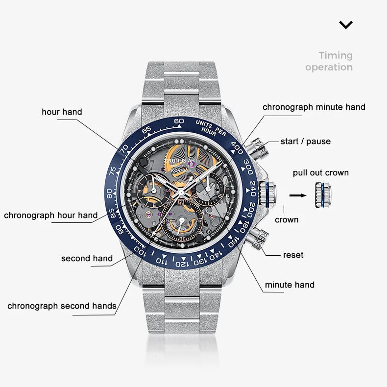 CRONUSART Men Chronograph Watch 40mm Automatic Mechanical Wristwatch Luminous Sapphire Skeleton Dial Steel Strap Ceramic Bezel