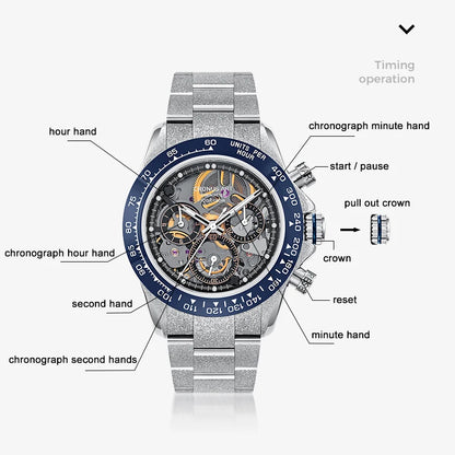 CRONUSART Men Chronograph Watch 40mm Automatic Mechanical Wristwatch Luminous Sapphire Skeleton Dial Steel Strap Ceramic Bezel