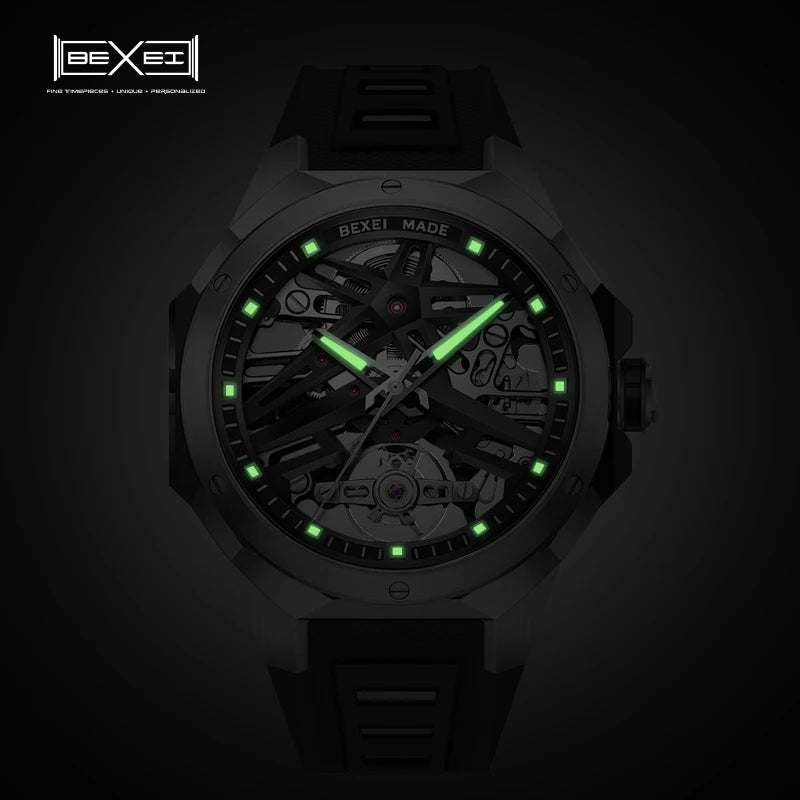 BEXEI 9121mechanical watch for men luminous Automatic movement skeleton Synthetic sapphire waterproof business wrist watch news