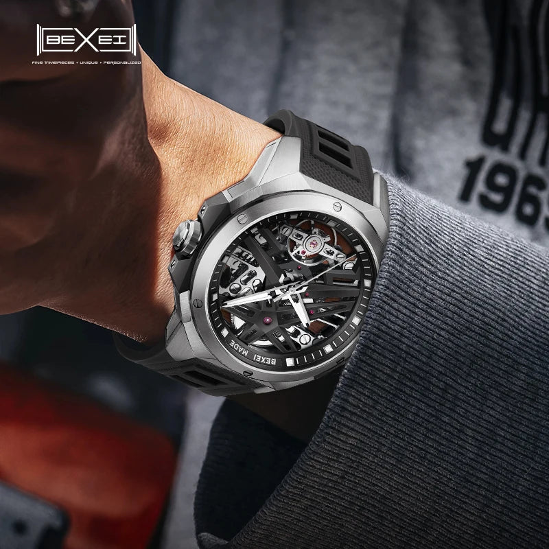 BEXEI 9121 men's watch luminous Automatic  movement  mechanical skeleton Synthetic sapphire waterproof business wrist watch news