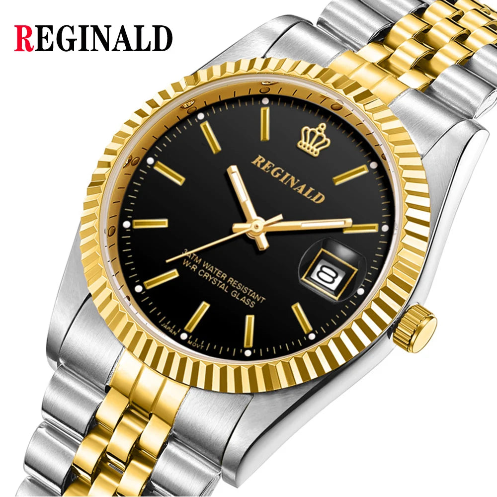 Reginald Watches Men Diamond Business Watch Silver Gold Steel Auto Date Quartz Wrist Watches For Men Reloj Hombre Montre Homme