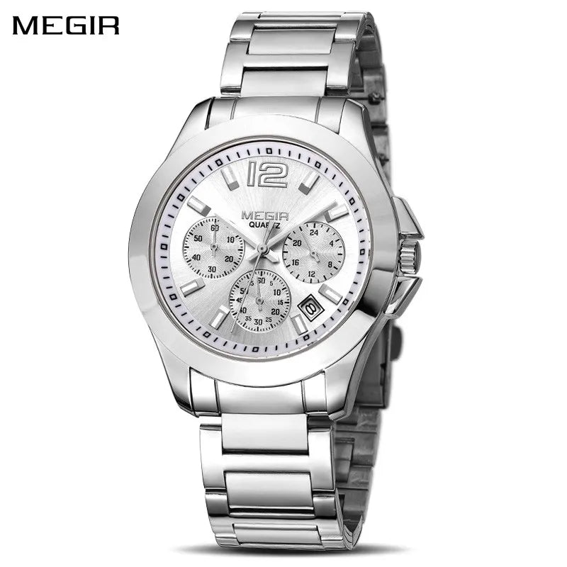 Relojes MEGIR deportivos de marca de lujo para Hombre, Esfera Grande, pulsera de acero inoxidable, Reloj de negocios de cuarzo, Reloj de pulsera luminoso para Hombre