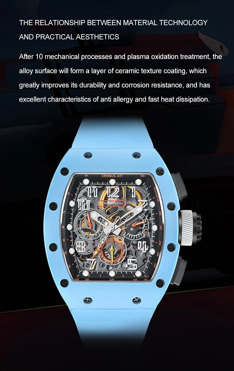 CRONUSART Men Automatic Watch Chronograph Luxury Tonneau Mechanical Wristwatch Carbon Steel Case Luminous Fluororubber Strap