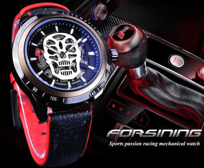 Fashion Forsining Top Brand Men's Casual Night Glow Skull Hollow Out Skeleton Waterproof Leather Mechanical Automatic Watches