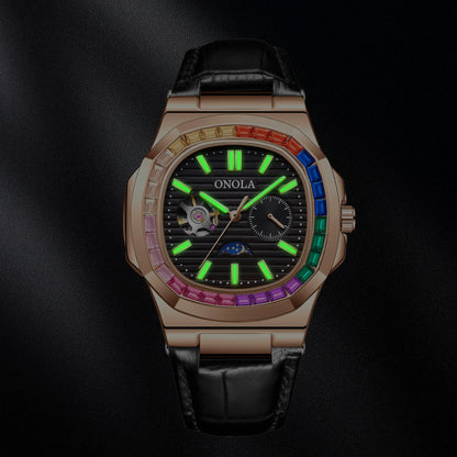 ONOLA Moda Colorido Diamante Hueco Totalmente Automático Mecánico Relojes para Hombres y Mujeres Reloj de Cuero Resistente al Agua Reloj para Hombres