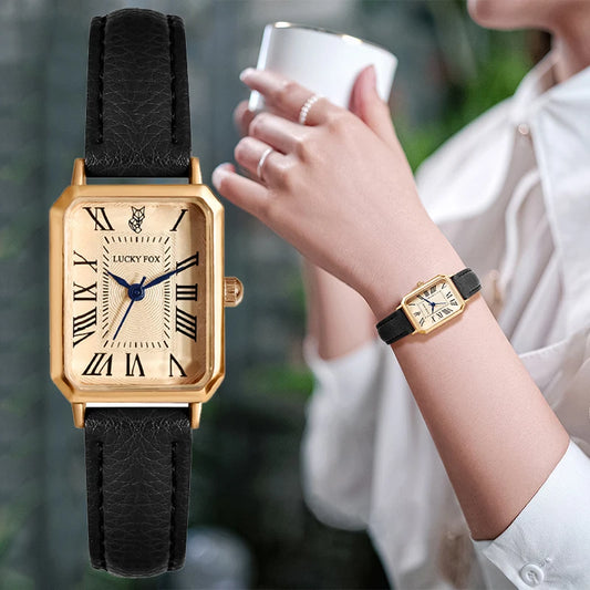 Women Watch Rectangle Case Gold Dial Quartz Wristwatch Simple Roman Numerals Female Black Strap Clock Vintage Fashion Reloj