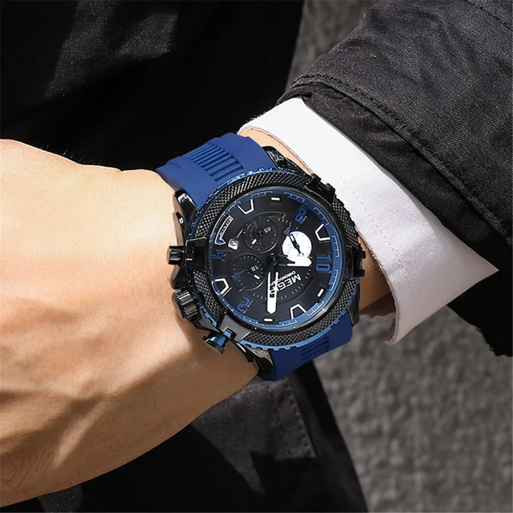 Relojes de pulsera deportivos militares de moda con cronógrafo MEGIR, relojes de cuarzo de Esfera Grande para hombres, regalo, correa de silicona, reloj con fecha automática