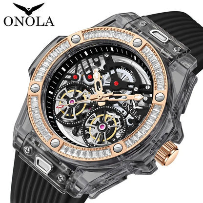 Reloj de hombre totalmente automático con diamantes de moda ONOLA, relojes con cinta hueca de alta calidad para hombres y mujeres