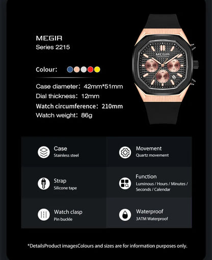 MEGIR Rose Black Fashion Sport Wristwatch Men Chronograph Clock Silicone Quartz Vintage Watch Men Business Relogio Masculino