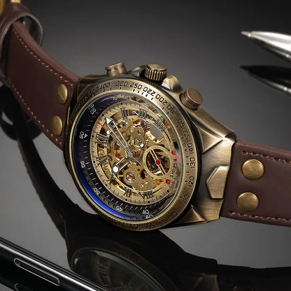 Bronze Retro Skeleton Automatic Mechanical Watch for Men Luminous Hand Brown Genuine Leather Belt Luxury Brand Steampunk Watches