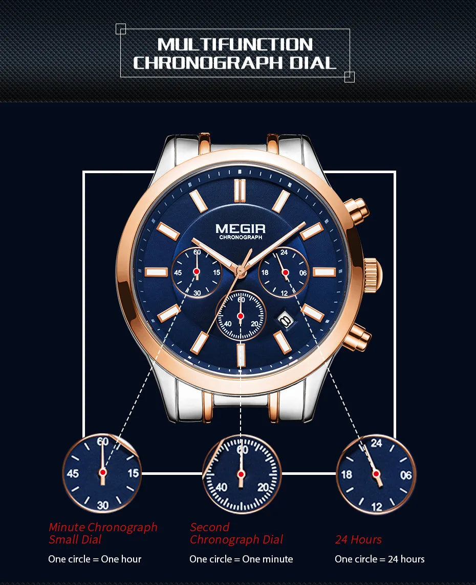 MEGIR relojes de negocios de lujo de acero inoxidable para hombre reloj de pulsera de cuarzo cronógrafo fecha reloj masculino luminoso reloj Masculino