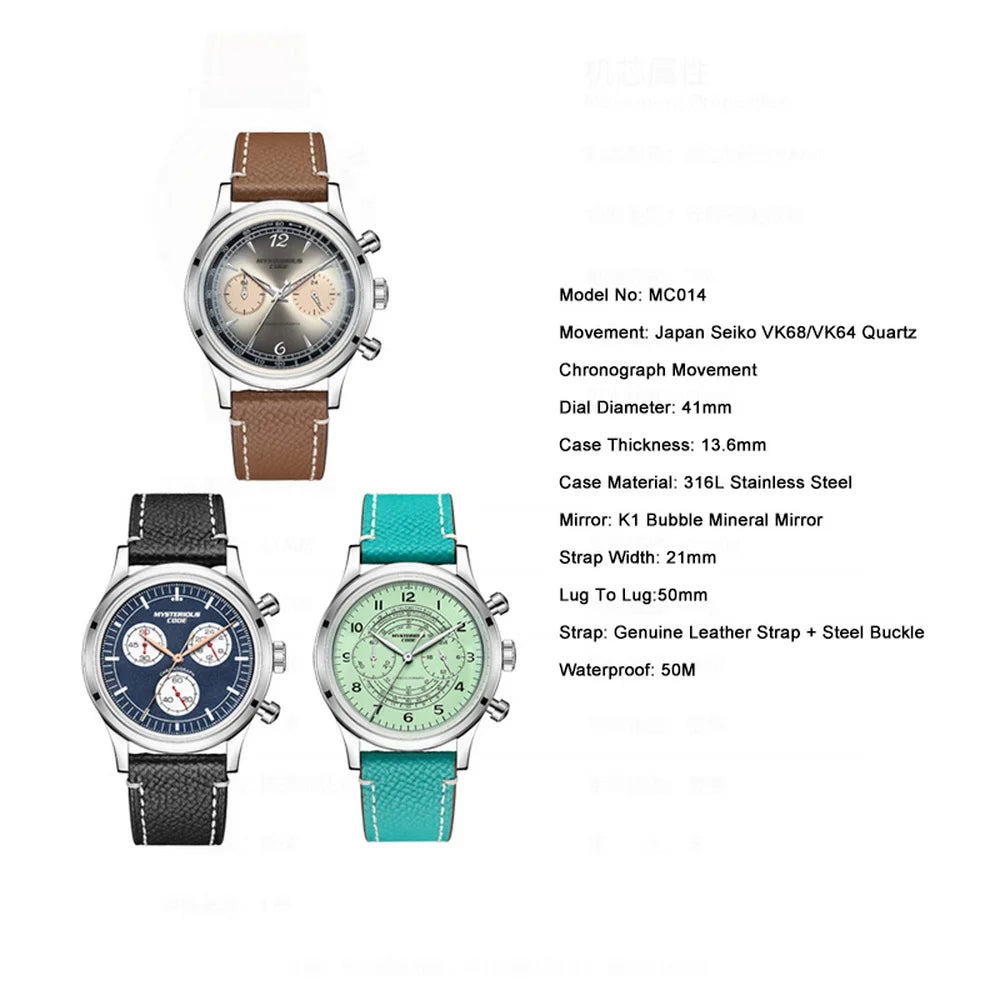 Mysterious Code Men Chronograph Watch 41MM Military Quartz Watches Panda Wristwatch K1 Mirror 50M Waterproof VK68 VK64 Sport