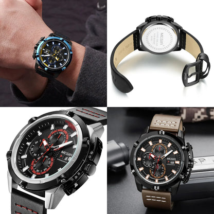 MEGIR Luxury Mens Wristwatch Fashion Leather Strap Quartz Sports Watches Calendar Waterproof Casual Clock Male Relogio Masculino