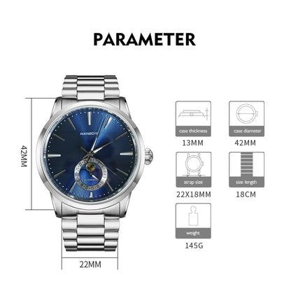 HANBORO Men Luxury Watch 42mm Automatic Mechanical Wristwatch Waterproof Luminous Moon Strar Dial