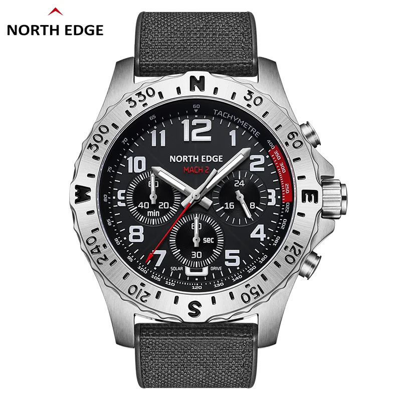 NORTH EDGE 2024 MACH 2 relojes para hombre con energía Solar 316 caja de acero inoxidable reloj de cuarzo para hombre piloto resistente al agua cronómetro de 50M