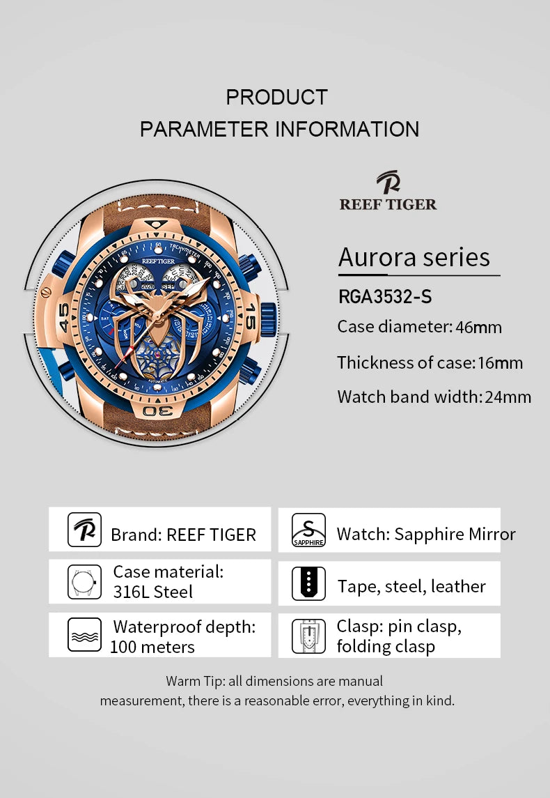 Reef Tiger Mens Automatic Watches Military Watch Mechanical Wristwatch Luminous Perpetual Calendar Leather Band Sapphire RGA3532