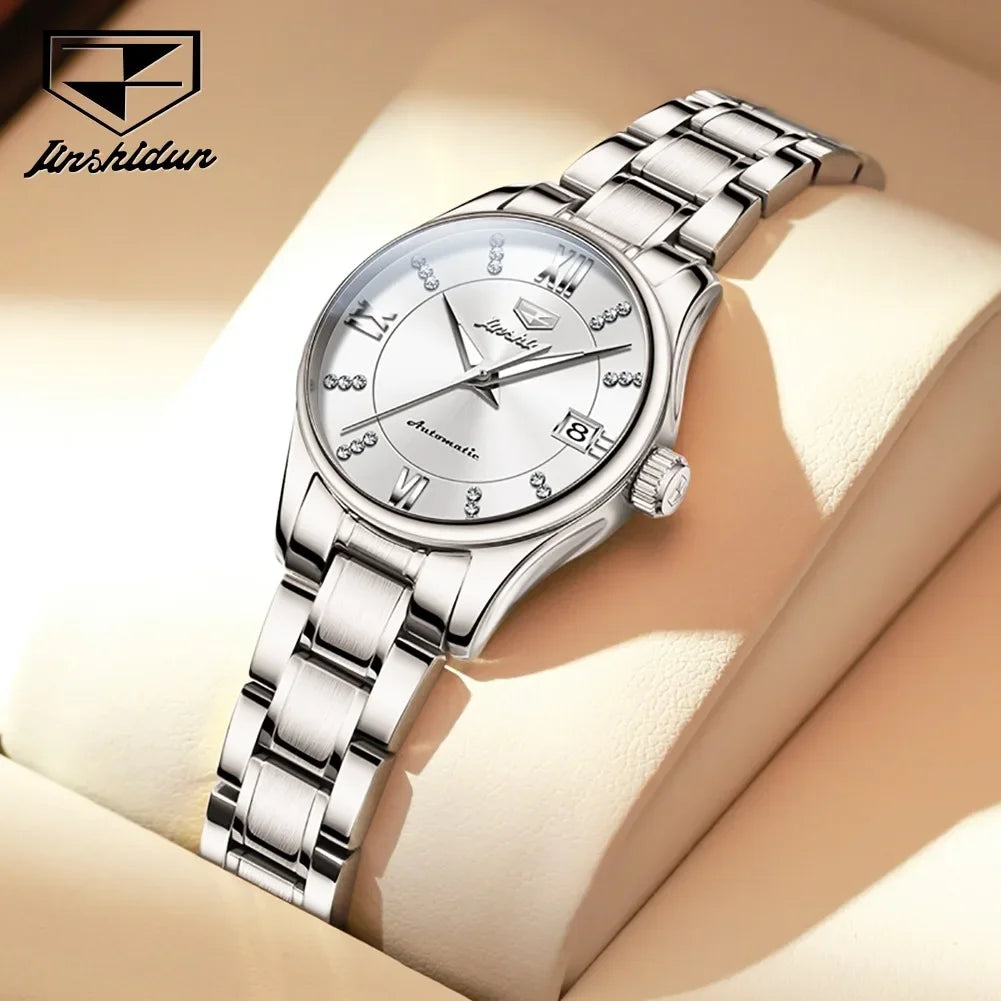 JSDUN 8933 relojes de pulsera mecánicos automáticos para mujer, relojes impermeables con correa de acero inoxidable a la moda para mujer, calendario