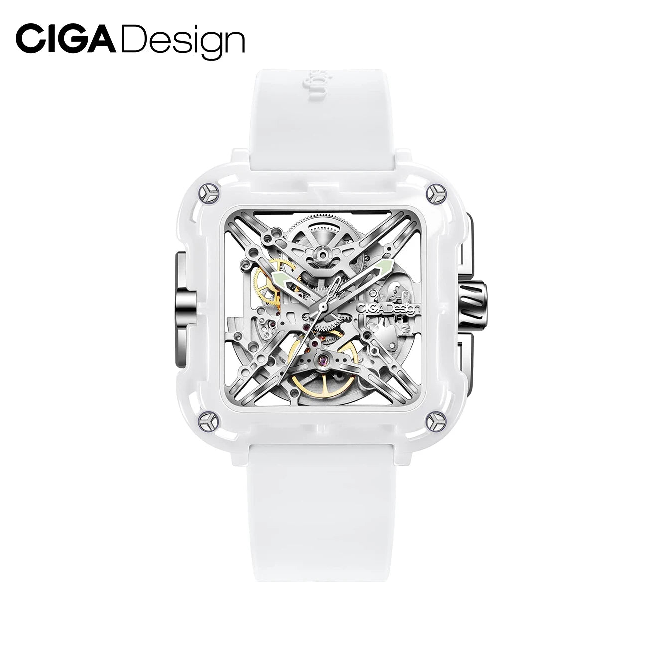 CIGA Design-relojes mecánicos de cerámica blanca para mujer, Serie X, movimiento automático, esqueleto con luz, correa de silicona