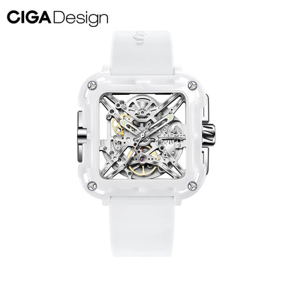 CIGA Design-relojes mecánicos de cerámica blanca para mujer, Serie X, movimiento automático, esqueleto con luz, correa de silicona