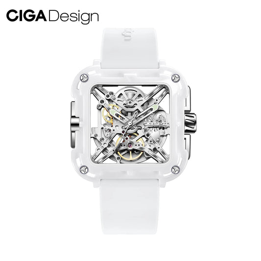 CIGA Design-relojes mecánicos de cerámica blanca para mujer, Serie X, movimiento automático, esqueleto con luz, correa de silicona