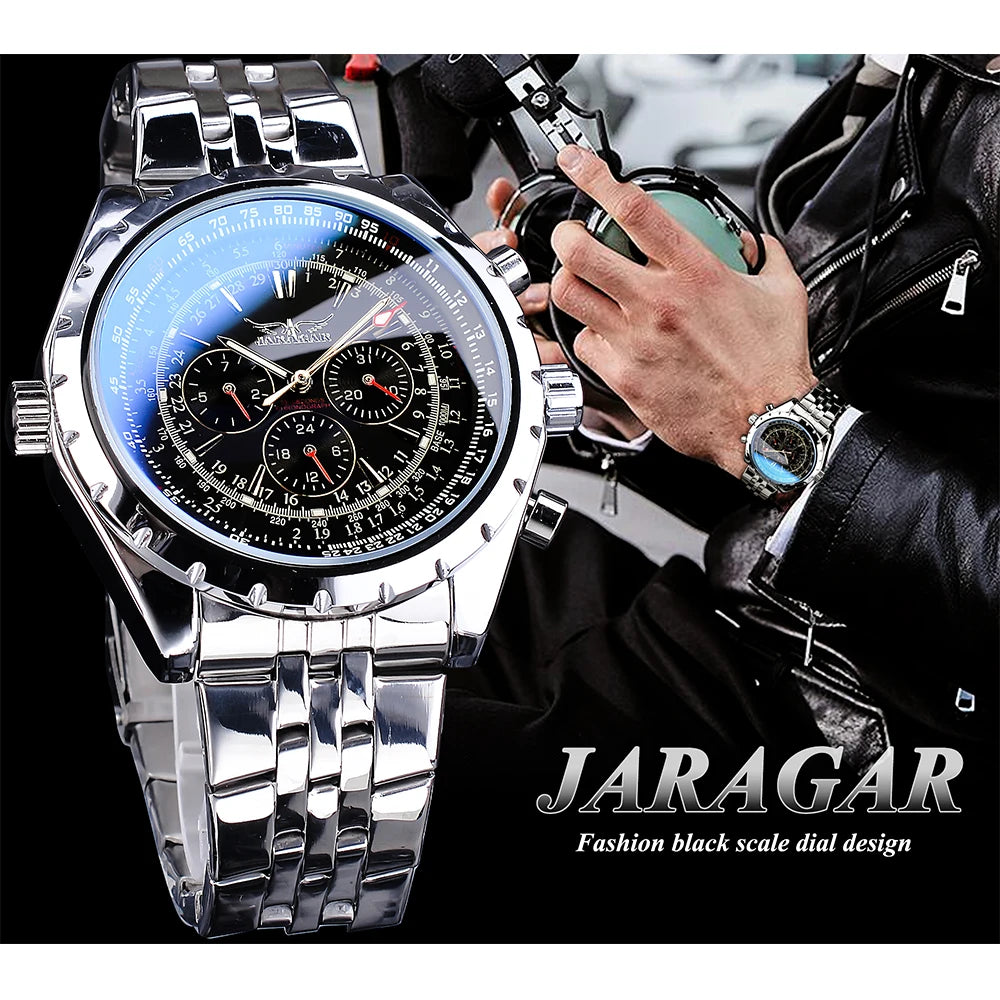 Jaragar, reloj automático de acero inoxidable con diseño de cristal azul, negro y plateado, reloj luminoso con fecha, reloj de pulsera mecánico de negocios para hombre