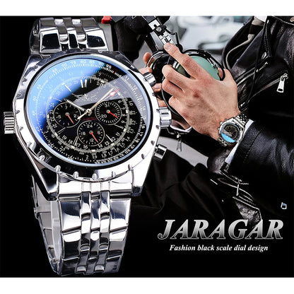 Jaragar Blue Glass Design Black Silver Automatic Watch Stainless Steel Date Clock Luminous Men Business Mechanical Wristwatch