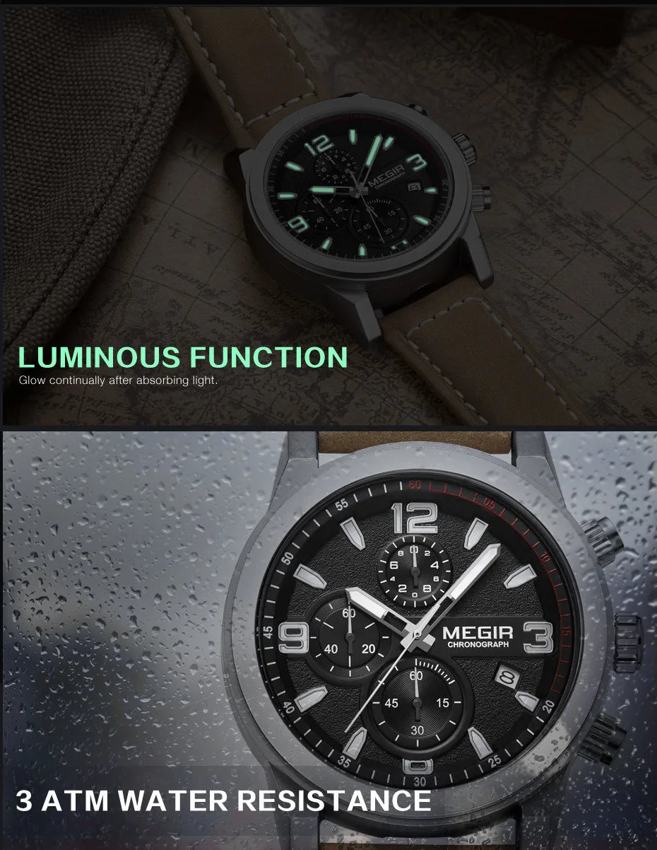 MEGIR cronógrafo marca superior relojes deportivos casuales de lujo correa de cuero reloj de pulsera de cuarzo calendario impermeable reloj de negocios para hombres