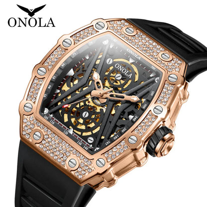 Nuevo reloj mecánico completamente automático con huecos de diamantes para hombre ONOLA, reloj resistente al agua con cinta de moda de lujo para hombres, reloj Masculino