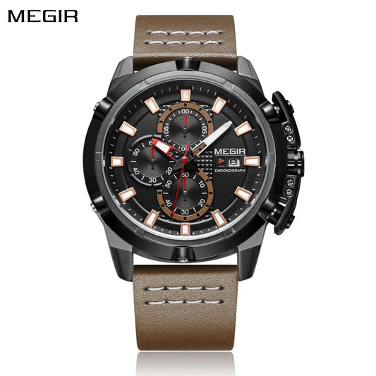 Reloj de pulsera MEGIR de lujo para hombre, correa de cuero de moda, relojes deportivos de cuarzo, calendario, reloj informal resistente al agua, reloj Masculino