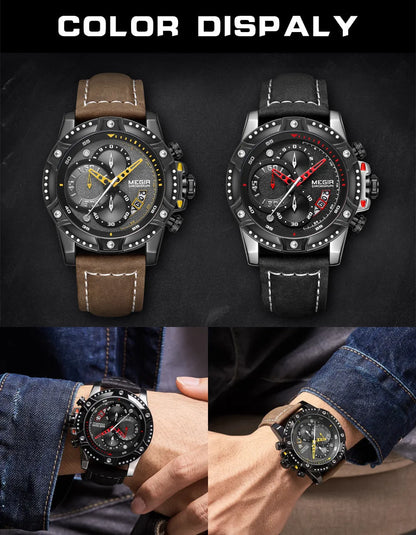 Reloj MEGIR para Hombre, Reloj de moda para Hombre, cronógrafo, cinturón de cuero, Reloj de pulsera de cuarzo informal, Reloj deportivo resistente al agua para Hombre, Reloj para Hombre