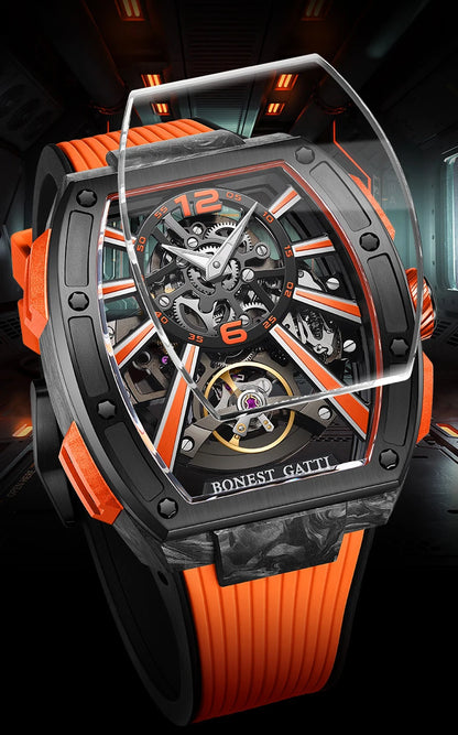 BONEST GATTI Men Automatic Watch Luxury Carbon Fiber Tonneau Case Mechanical Wristwatch Waterproof Sapphire Luminous