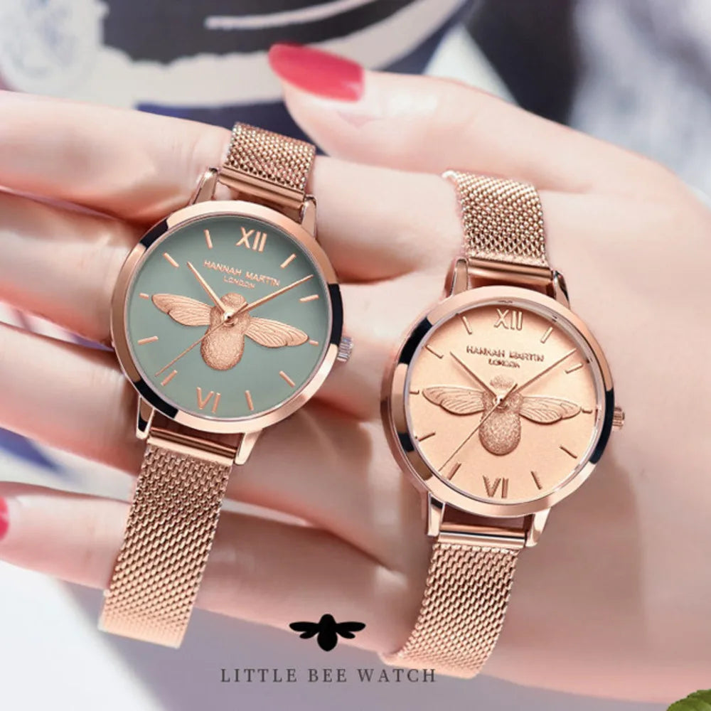 HANNAH MARTIN relojes para Mujer 3D Little Bee Dial movimiento de cuarzo japonés correa de malla de moda Reloj de Mujer pulsera Reloj de Mujer