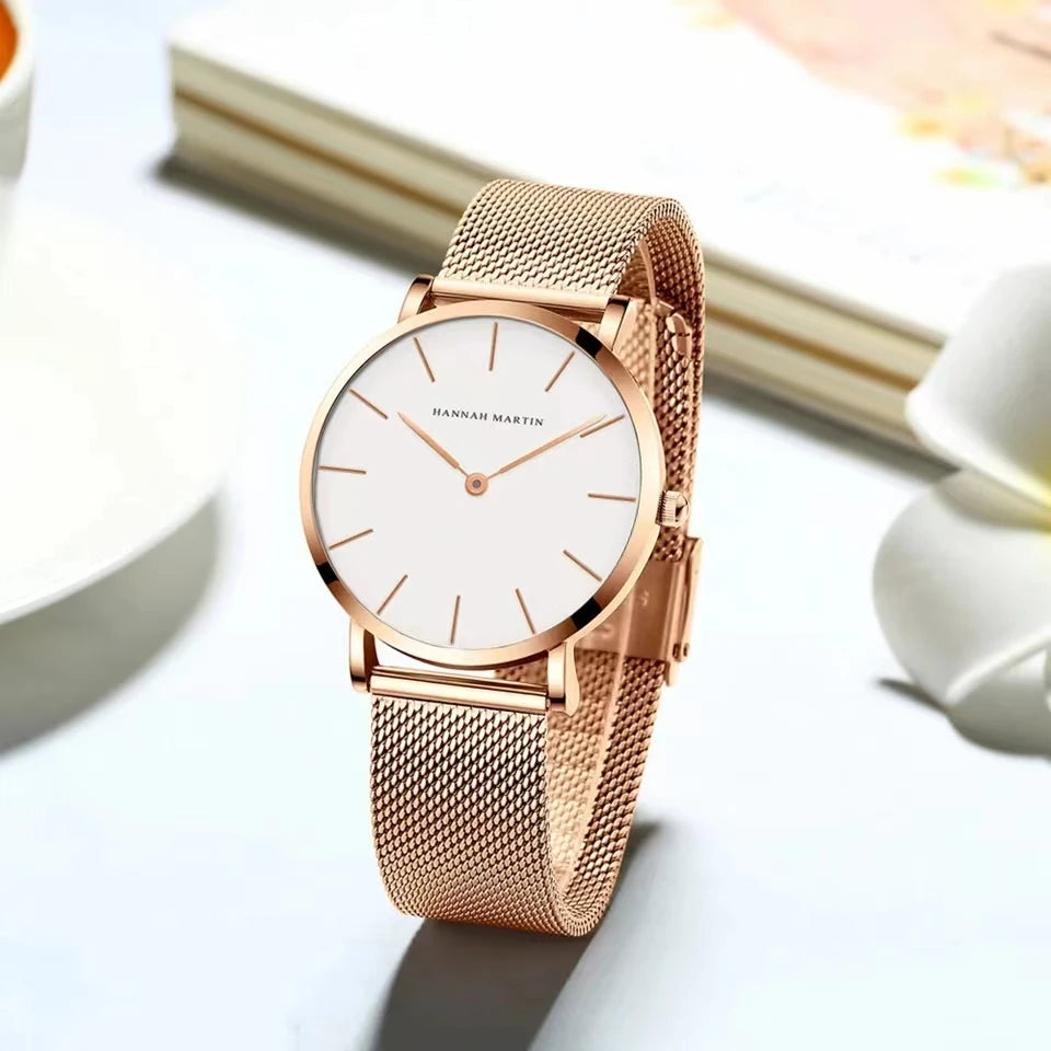 Reloj HANNAH MARTIN para Mujer, movimiento de cuarzo japonés, 36mm, oro rosa, resistente al agua, moda nórdica minimalista, Reloj para Mujer