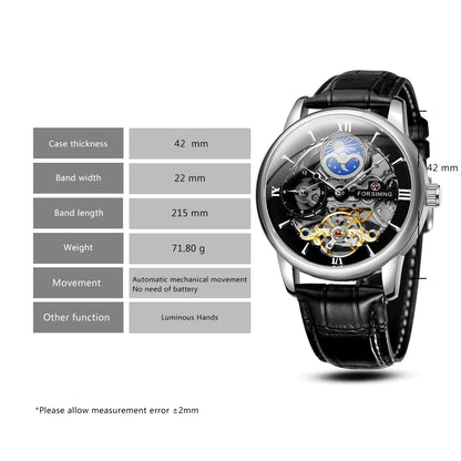 Forsining Luxury Skeleton Mechanical Watches for Men Dual Time Zone Tourbillion Automatic Watch Genuine Leather Strap Moon Phase