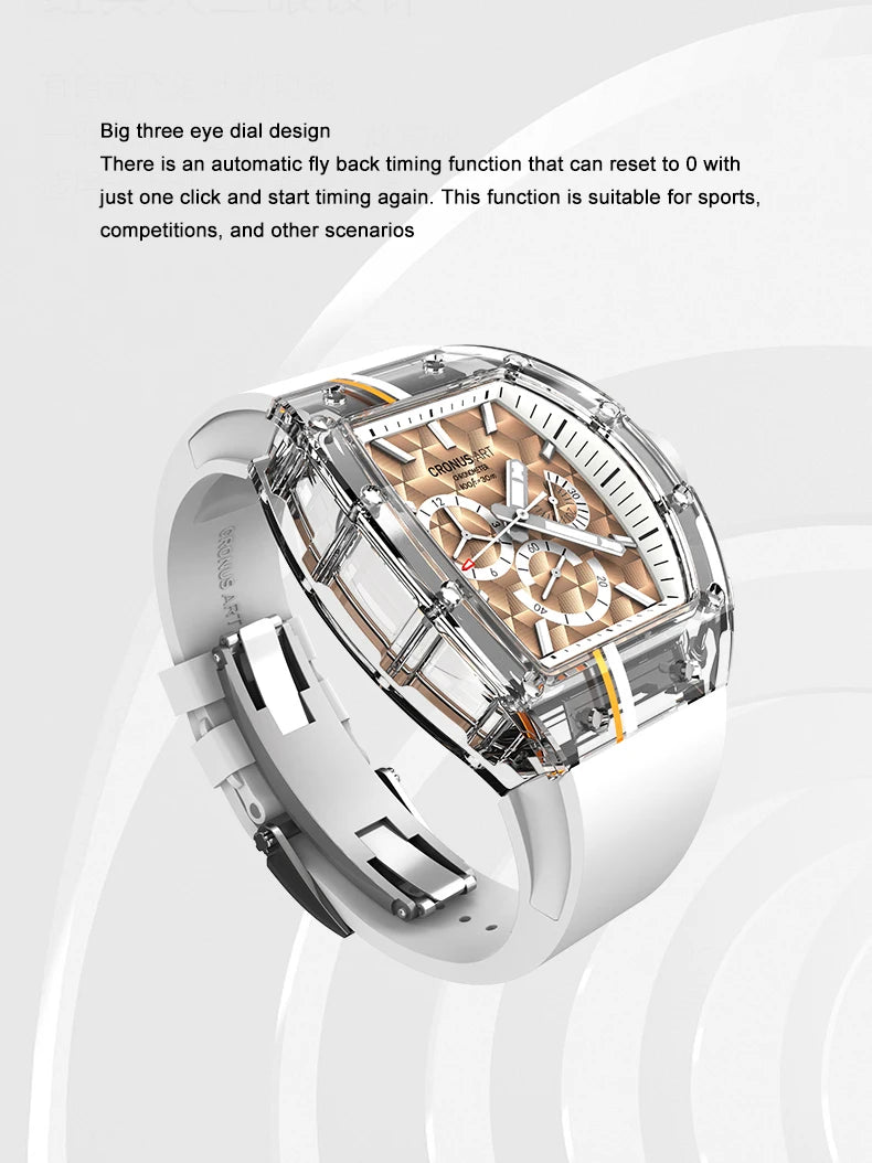 CRONUSART Men Chronograph Watch Tonneau Sapphire Case Mechanical Wristwatch Luminous Fluororubber Strap Skeleton Triple Windows