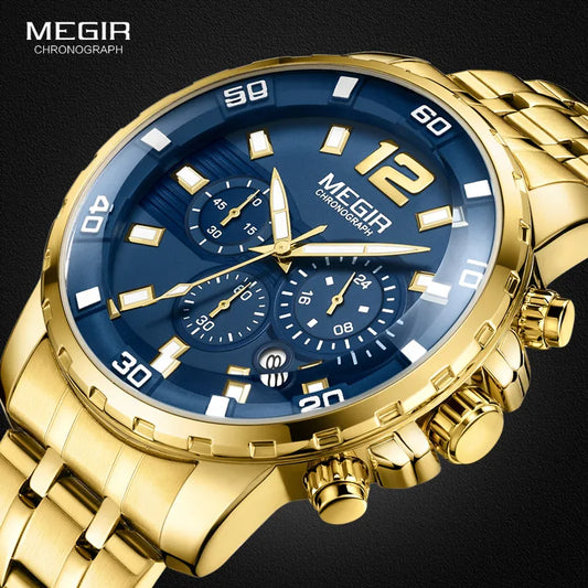 Relojes Megir de cuarzo de acero inoxidable dorado para hombre, reloj de pulsera Analgue con cronógrafo de negocios para hombre, resistente al agua, luminoso 2068ggd-2n3