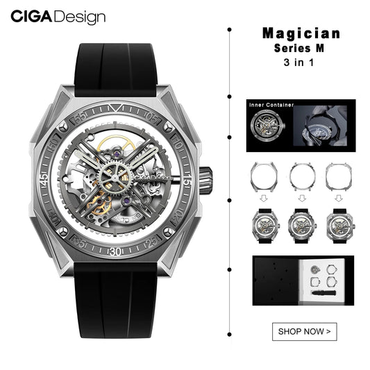 CIGA Design 3 en 1 Reloj Automático de Titanio para Hombres Serie Mago Reloj de Pulsera mecánico Esqueleto Correa Fluororubber Caja de 3 Piezas