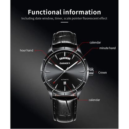 OUBAOER Military Automatic Men’s Watches Leather Day Date Mechanical Dress Wristwatch Waterproof Clock for Men Army Montre Homme